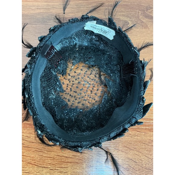 Retro '50's Black Pill Box Fur Hat Feathers Sequins Beads Union Made JW Robinson - Picture 3 of 6